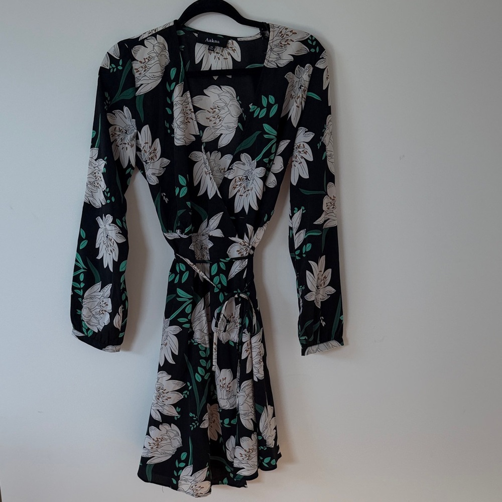 Aakaa Black Dress with White Floral and Green Accents